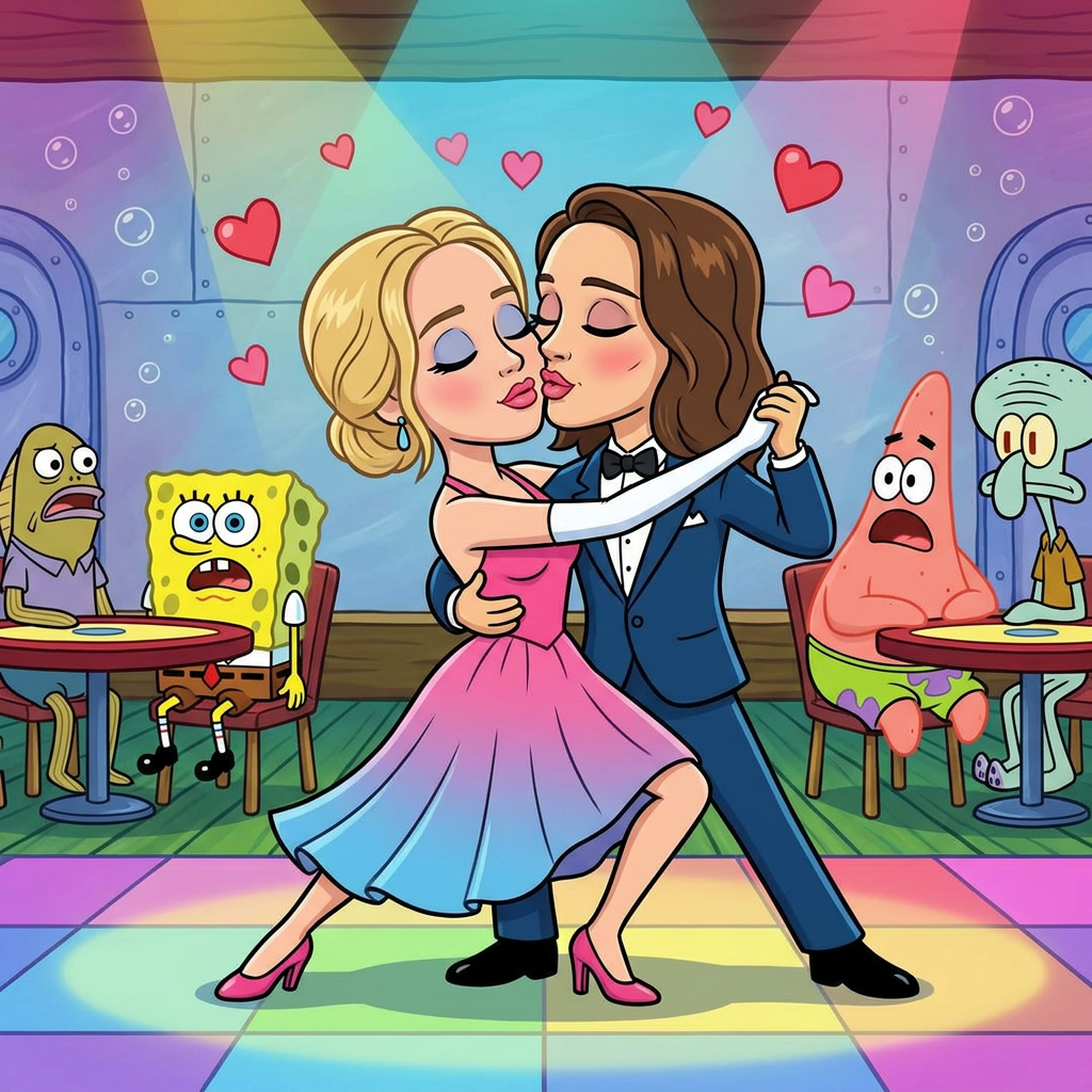 AI Design for Jennifer Lawrence and Natalie Portman lesbian kissing and tango each other in SpongeBob SquarePants animated series