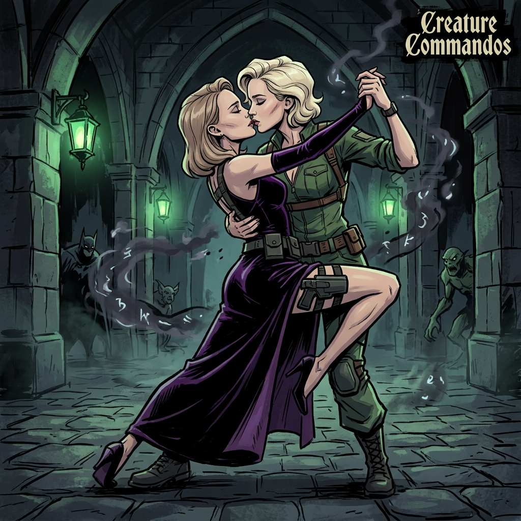 AI Design for Jennifer Lawrence and Natalie Portman lesbian kissing and tango each other in Creature Commandos animated TV series