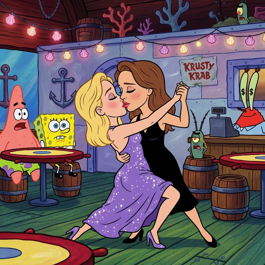 AI Design for Jennifer Lawrence and Natalie Portman lesbian kissing and tango each other in SpongeBob SquarePants animated series