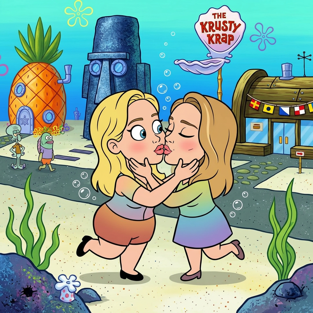 AI Design for Jennifer Lawrence and Natalie Portman lesbian kissing each other in SpongeBob SquarePants animated series