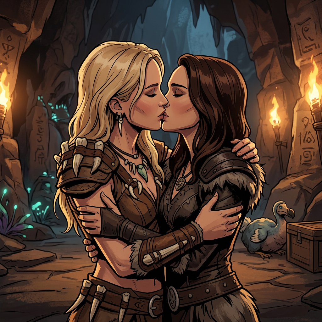 AI Design for Jennifer Lawrence and Natalie Portman lesbian kissing each other in Ark The Animated series