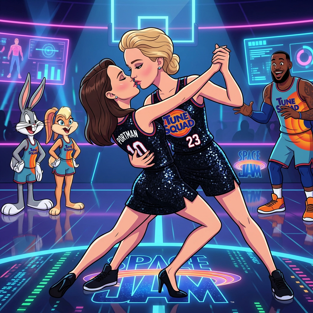 AI Design for Jennifer Lawrence and Natalie Portman lesbian kissing and tango each other in Space Jam: A New Legacy animted movie