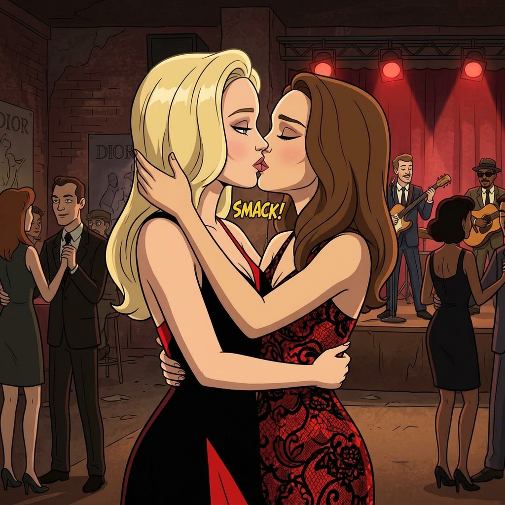 AI Design for Jennifer Lawrence és Natalie Portman lesbian kissing and tango each other in Harley Quinn animated TV series