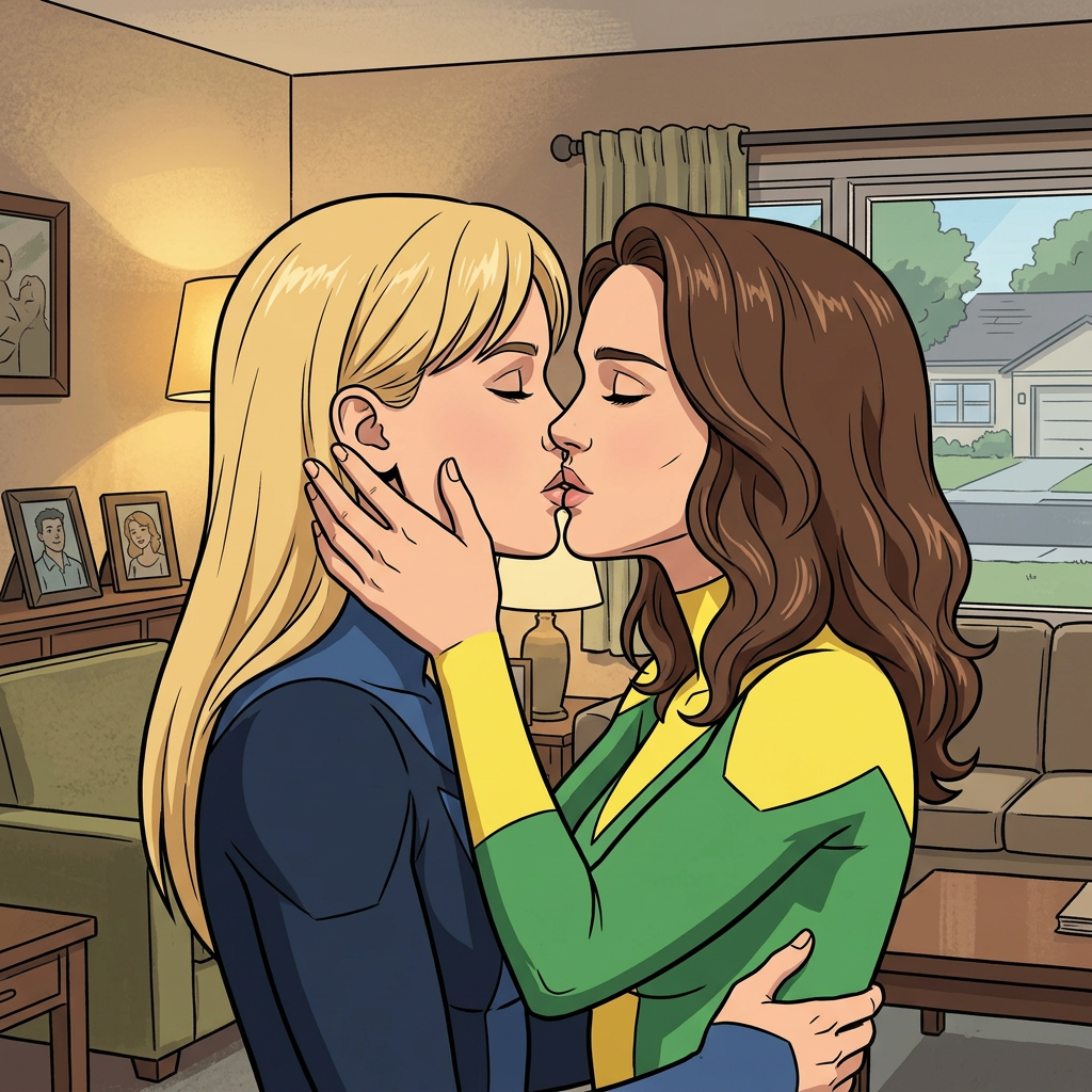 AI Design for Jennifer Lawrence and Natalie Portman lesbian kissing each other in Invincible animated TV series