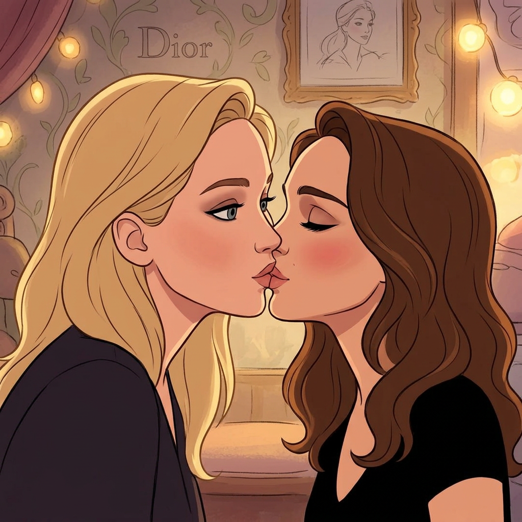 AI Design for Jennifer Lawrence and Natalie Portman lesban kissing each other in Disney animated movie