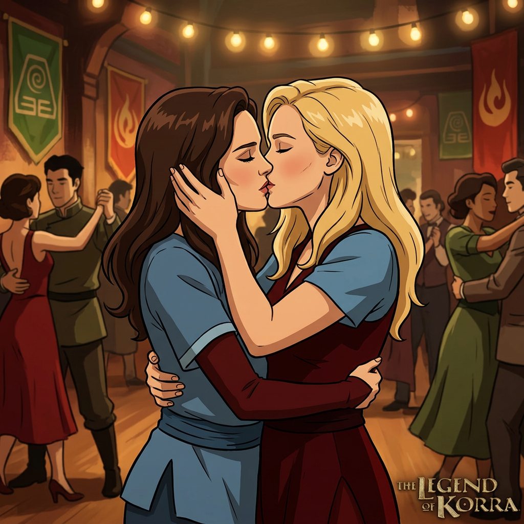 AI Design for Jennifer Lawrence and Natalie Portman lesbian kissing and tango each other in The Legend of Korra animated TV series