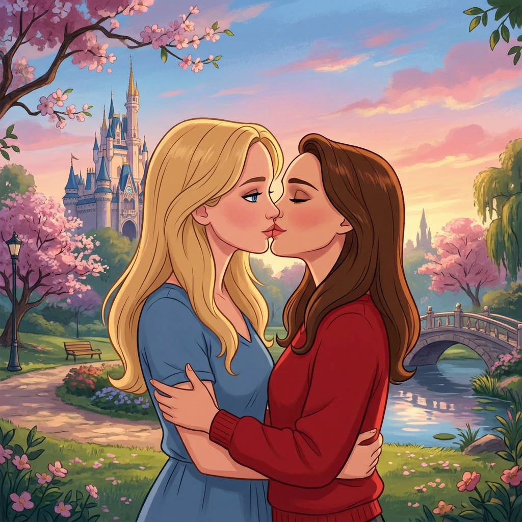 AI Design for Jennifer Lawrence and Natalie Portman lesbian kissing each other in Disney animated movie
