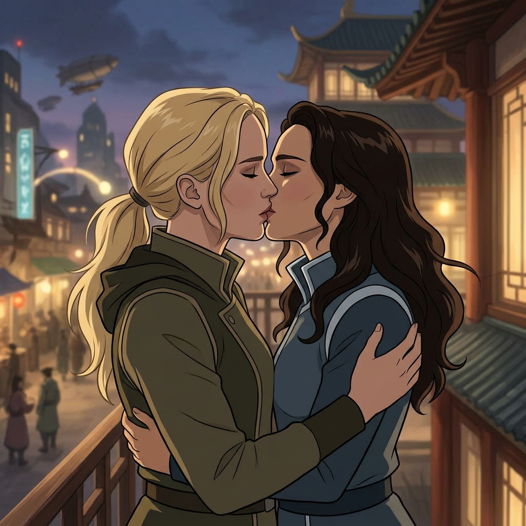 AI Design for Jennifer Lawrence and Natalie Portman lesbian french kissing each other in The egend of Korra TV series