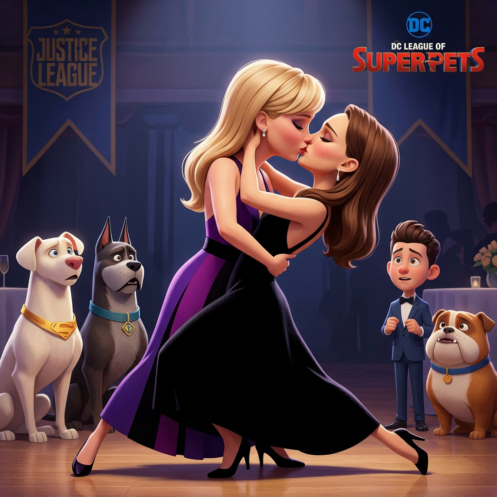 AI Design for Jennifer Lawrence and Natalie Portman kissing and tango each other in DC League of Super-Pets animated movie