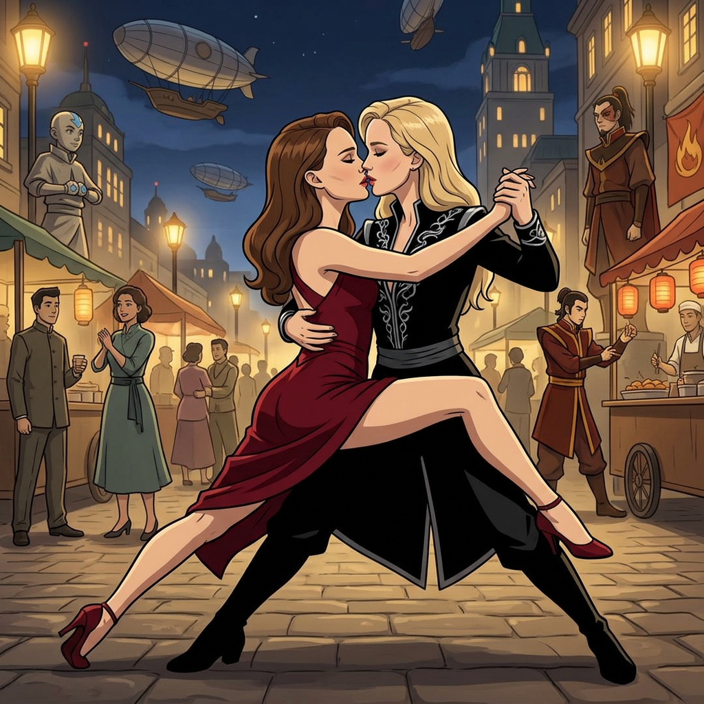 AI Design for Jennifer Lawrence and Natalie Portman lesbian french kissing and tango each other in The Legend of Korra animated TV series