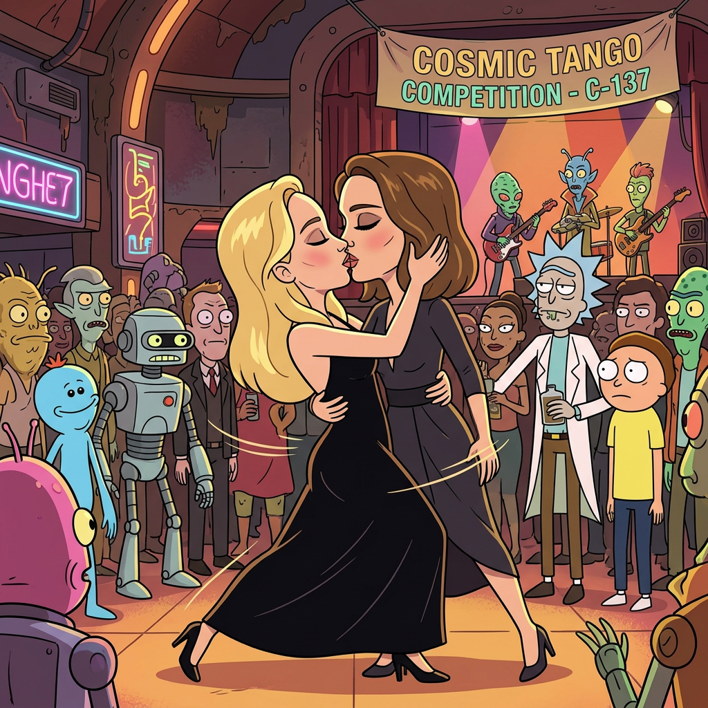 AI Design for Jennifer Lawrence and Natalie Portman lesbian kissing and tango each other in Rick and Morty
