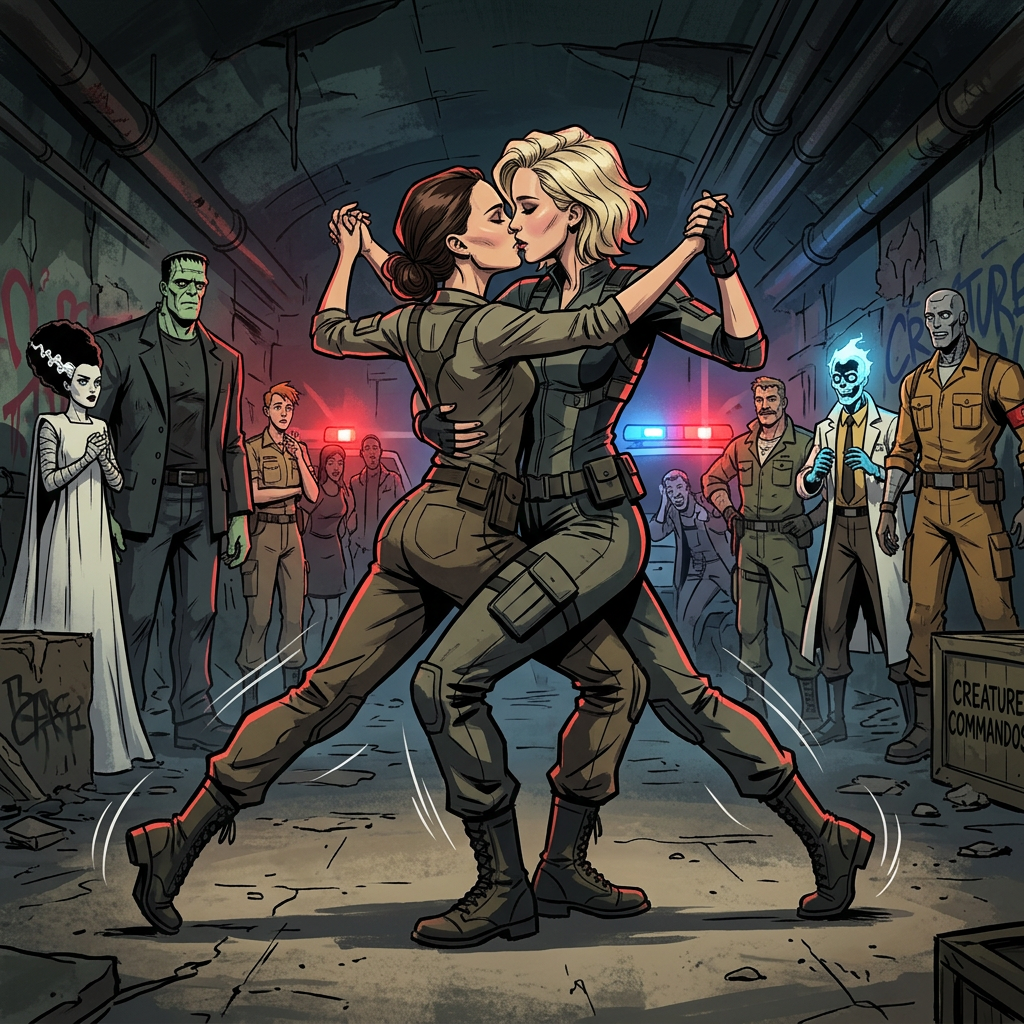 AI Design for Jennifer Lawrence and Natalie Portman lesbian kissing and tango each other in Creature Commandos animated TV series