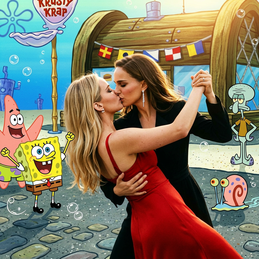 AI Design for Jennifer Lawrence and Natalie Portman lesbian kissing and tango each other in SpongeBob SquarePants