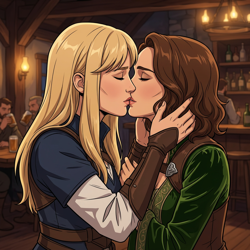 AI Design for Jennifer Lawrence and Natalie Portman lesbian kissing each other in The Legend of Vox Machina