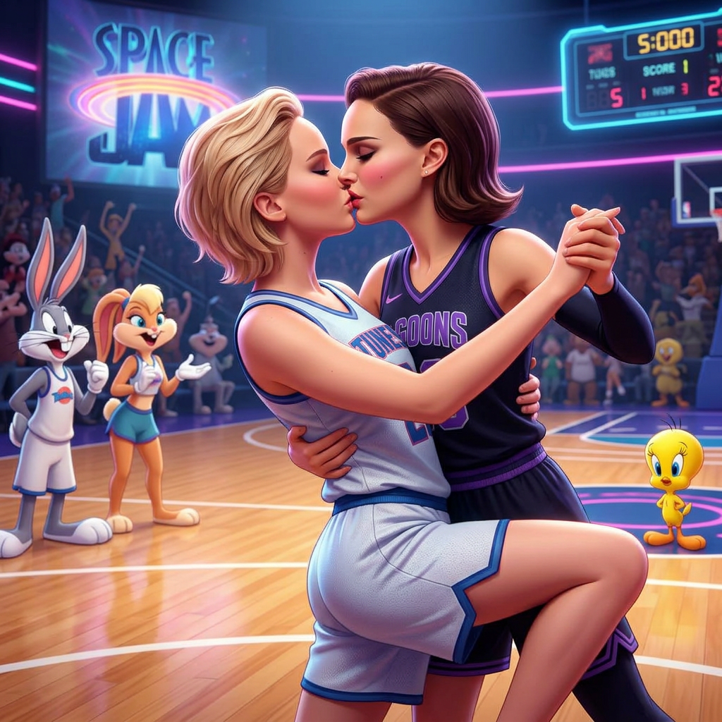 AI Design for Jennifer Lawrence and Natalie Portman lesbian kissing and tango each other in Space Jam: A New Legacy animated movie