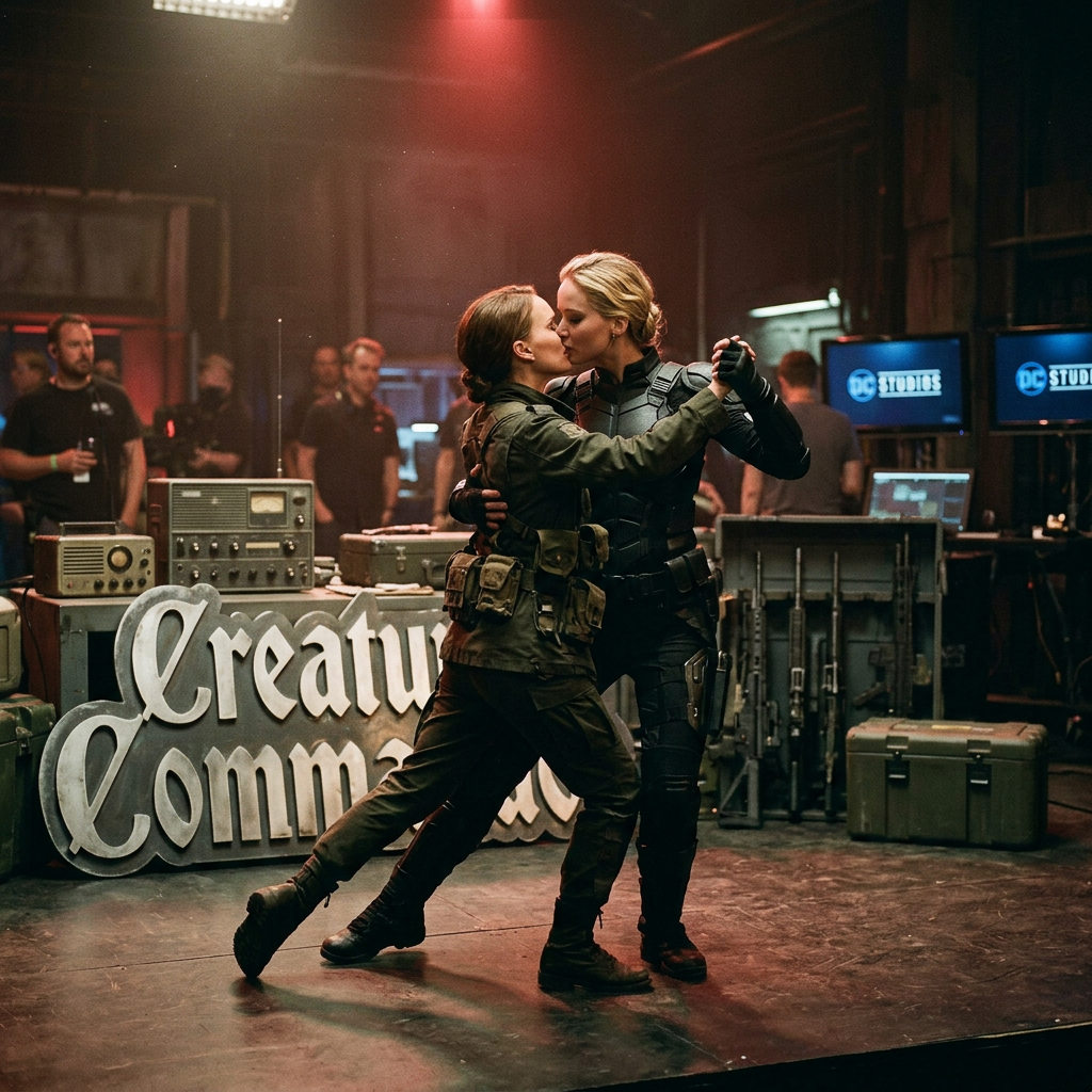 AI Design for Jennifer Lawrence és Natalie Portman lesbian kissing and tango each other in Creature Commandos TV series