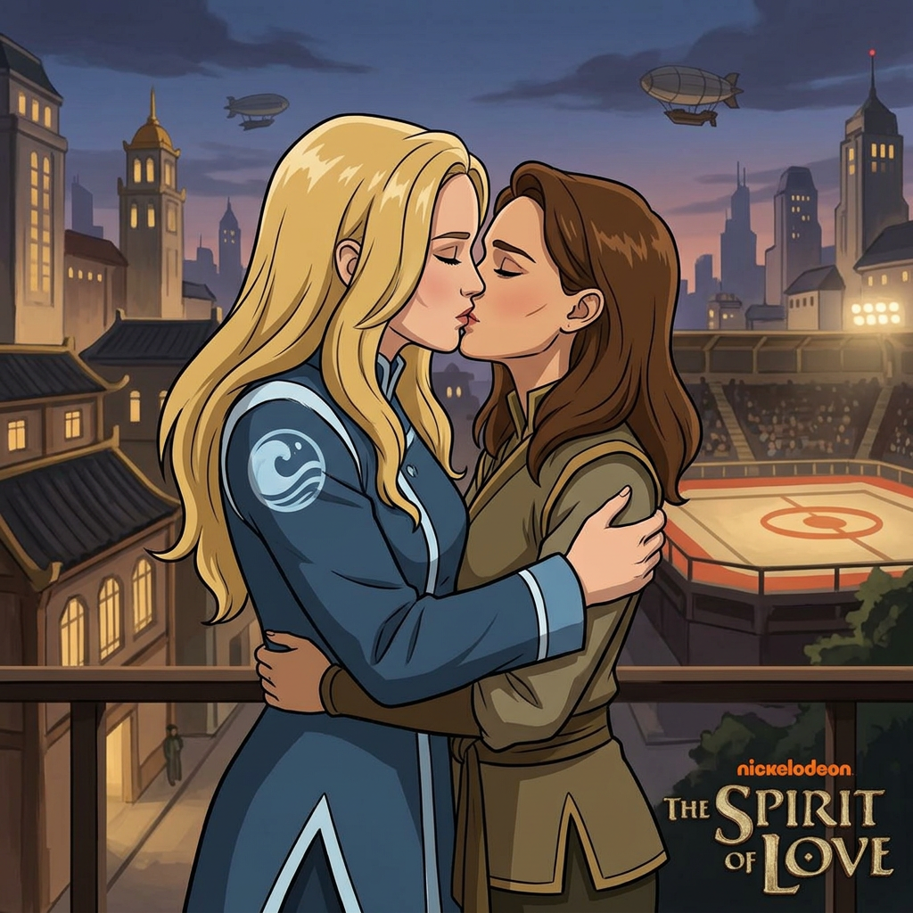AI Design for Jennifer Lawrence and Natalie Portman lesbian french kissing each other in The Legend of Korra TV series