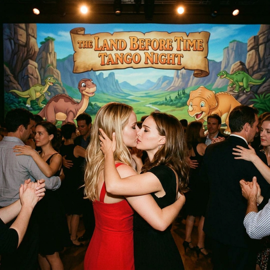 AI Design for Jennifer Lawrence és Natalie Portman lesbian kissing and tango each other in The Land Before Time