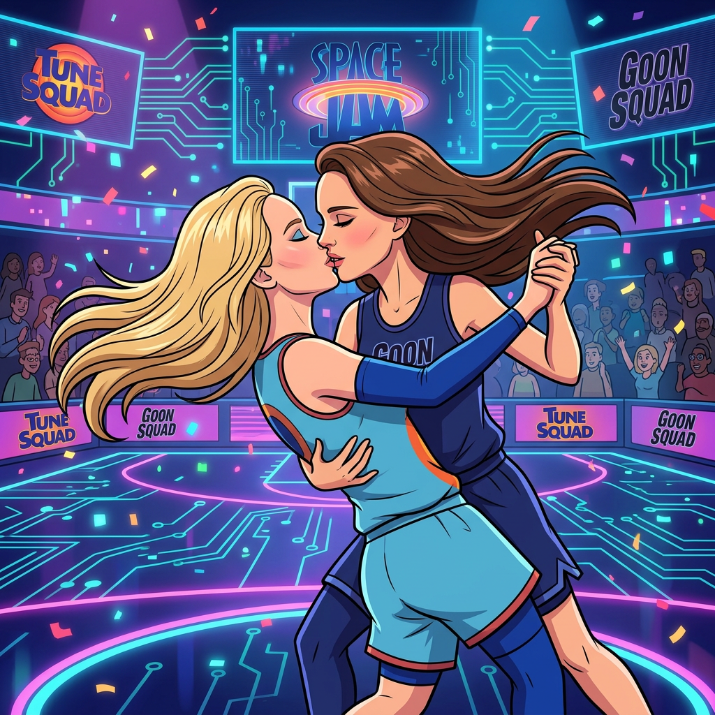 AI Design for Jennifer Lawrence and Natalie Portman lesbian kissing and tango each other in Space Jam: A New Legacy animted movie, long hair