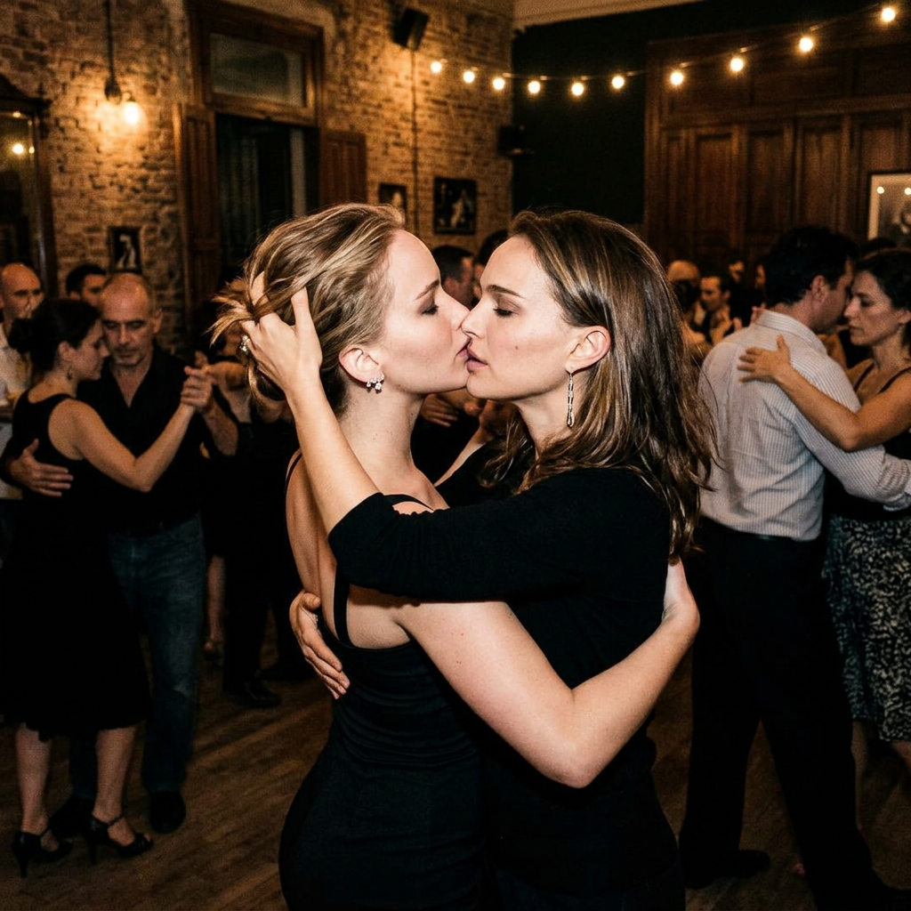 AI Design for Jennifer Lawrence and Natalie Portman lesban kissing and tango each other
