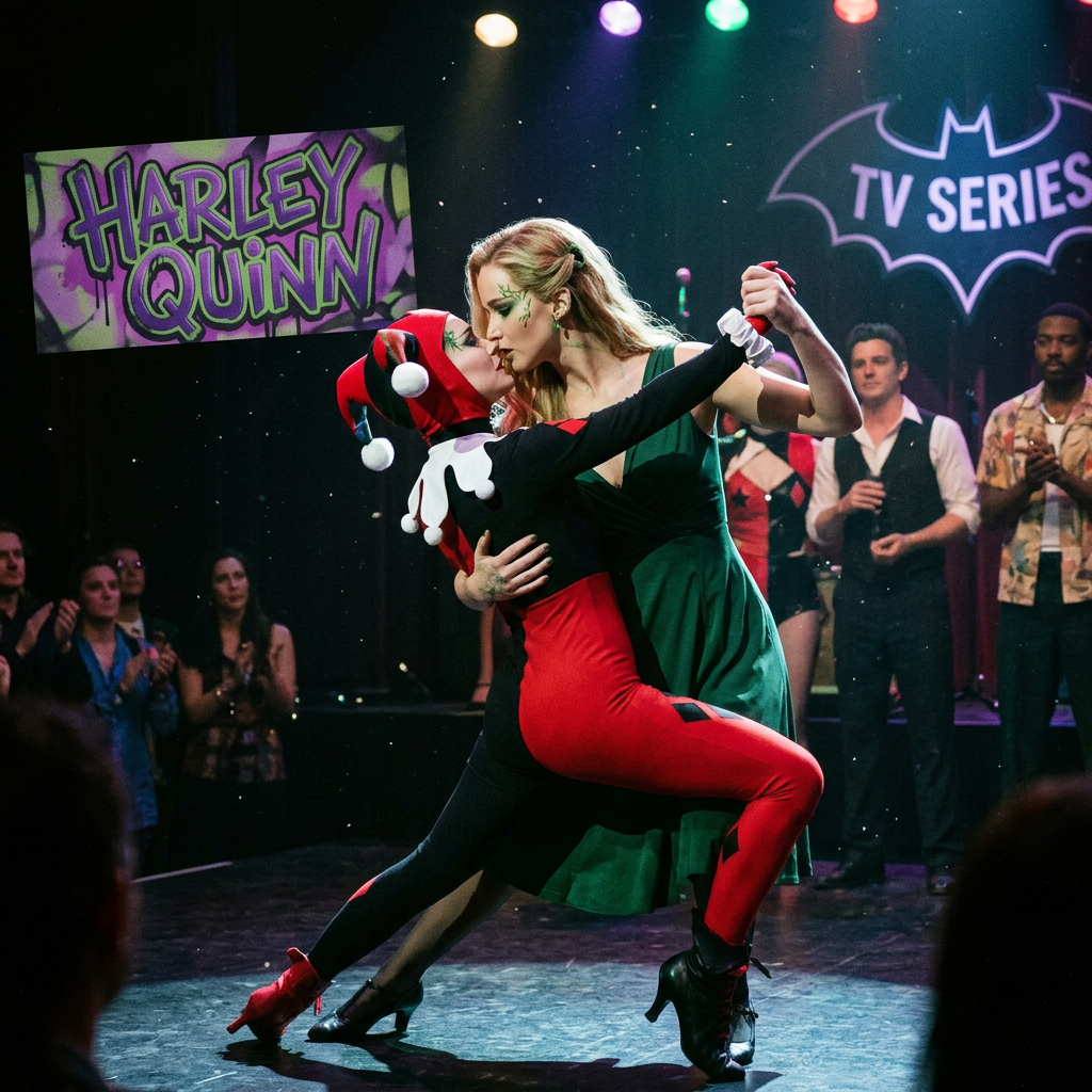 AI Design for Jennifer Lawrence és Natalie Portman lesbian kissing and tango each other in Harley Quinn TV series