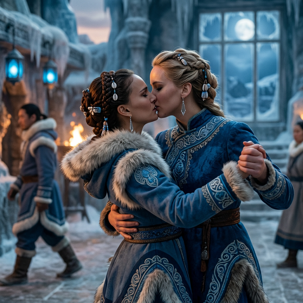 AI Design for Jennifer Lawrence and Natalie Portman lesbian french kissing and tango each other in Avatar: The Last Airbender TV series