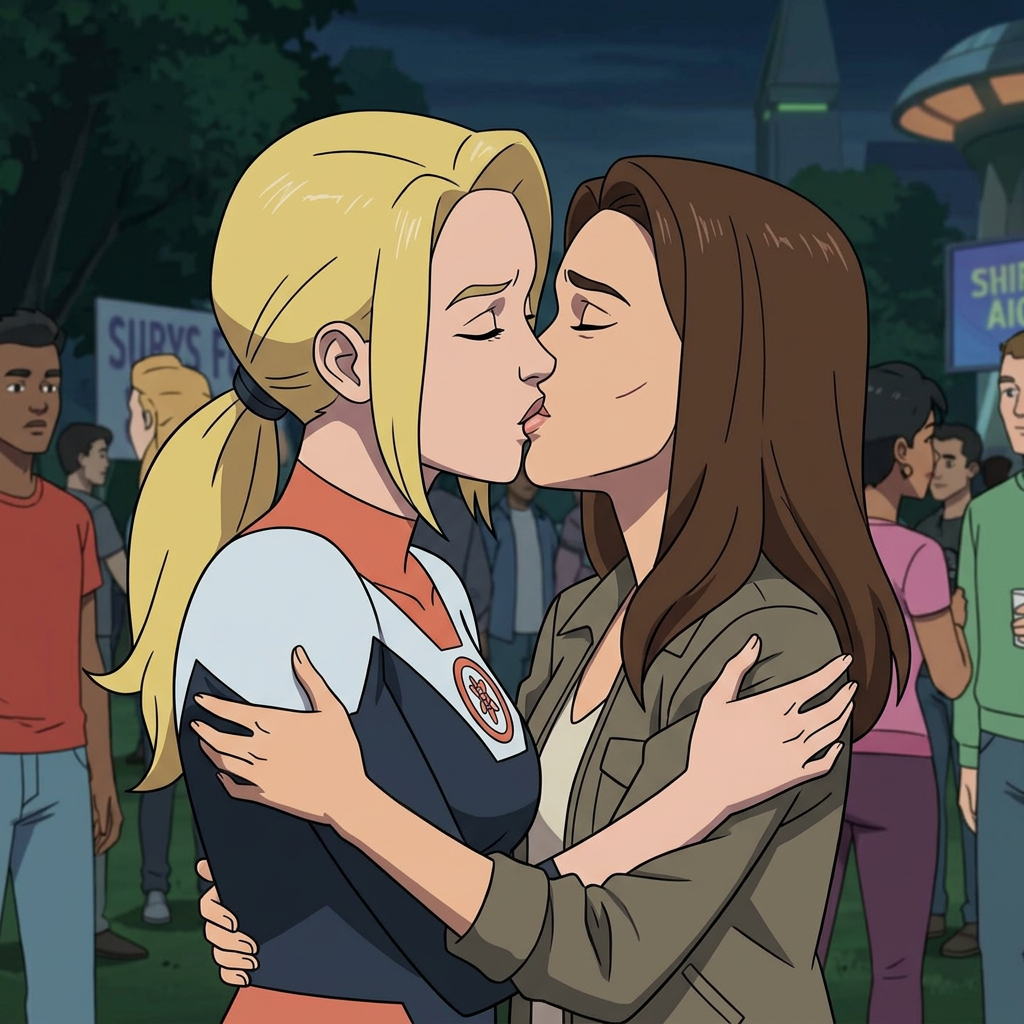 AI Design for Jennifer Lawrence and Natalie Portman lesbian french kissing each other in Invincible TV series