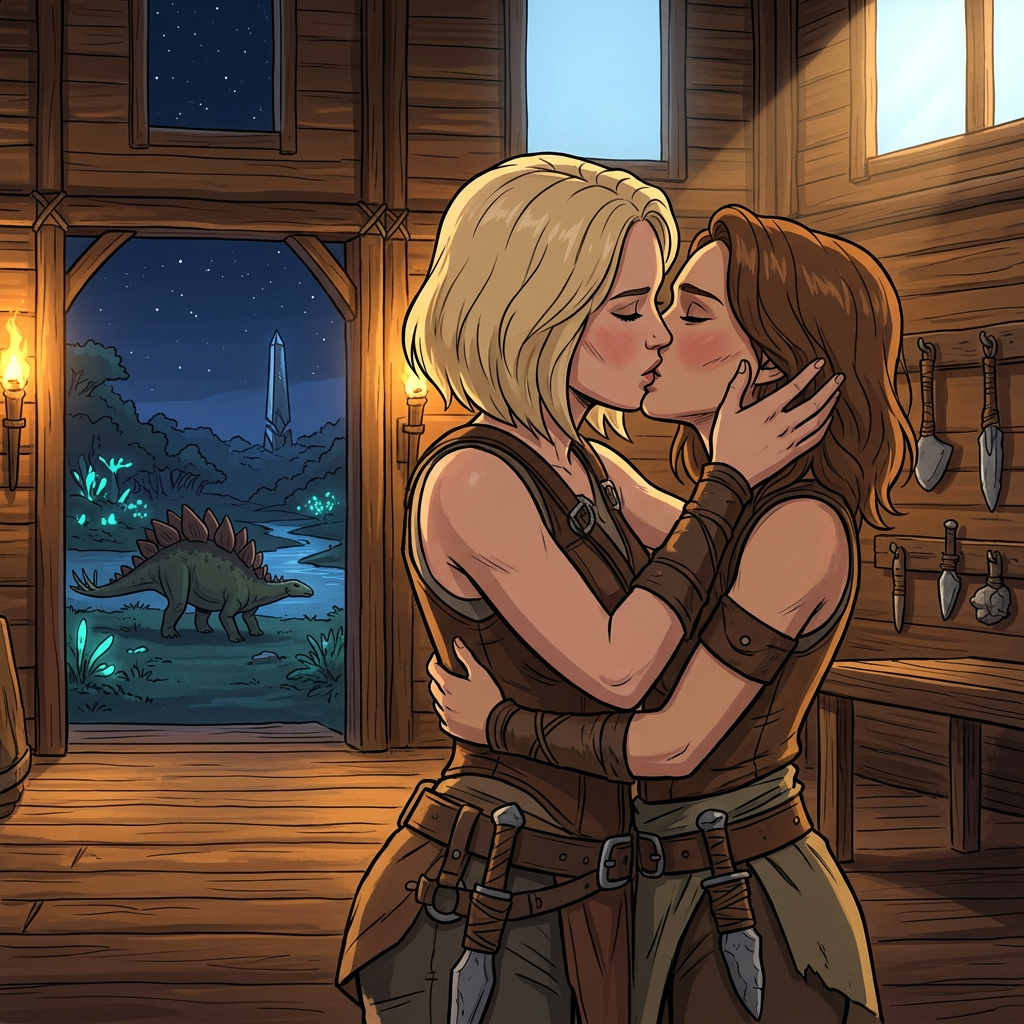 AI Design for Jennifer Lawrence and Natalie Portman lesbian french kissing each other in Ark The Animated series