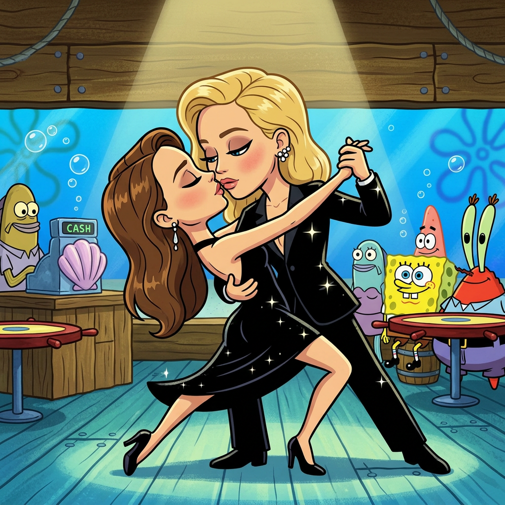AI Design for Jennifer Lawrence and Natalie Portman lesbian kissing and tango each other in SpongeBob SquarePants animated series