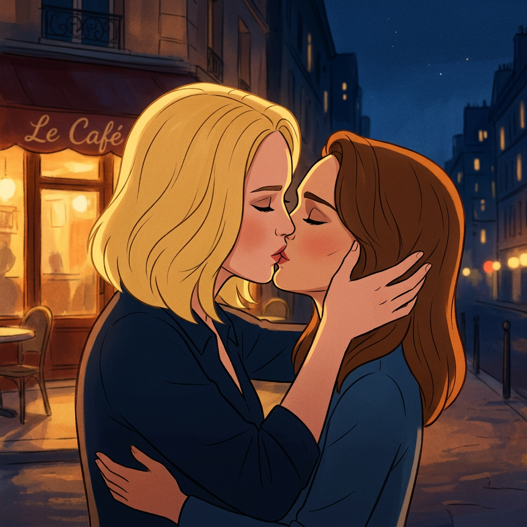 AI Design for Jennifer Lawrence and Natalie Portman lesban kissing each other in animated movie