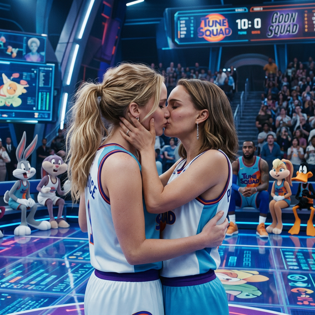 AI Design for Jennifer Lawrence and Natalie Portman lesbian kissing each other in Space Jam: A New Legacy