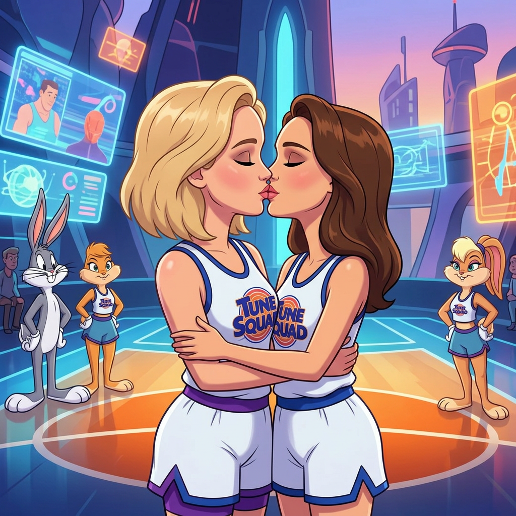 AI Design for Jennifer Lawrence and Natalie Portman lesbian kissing each other in Space Jam: A New Legacy animated movie