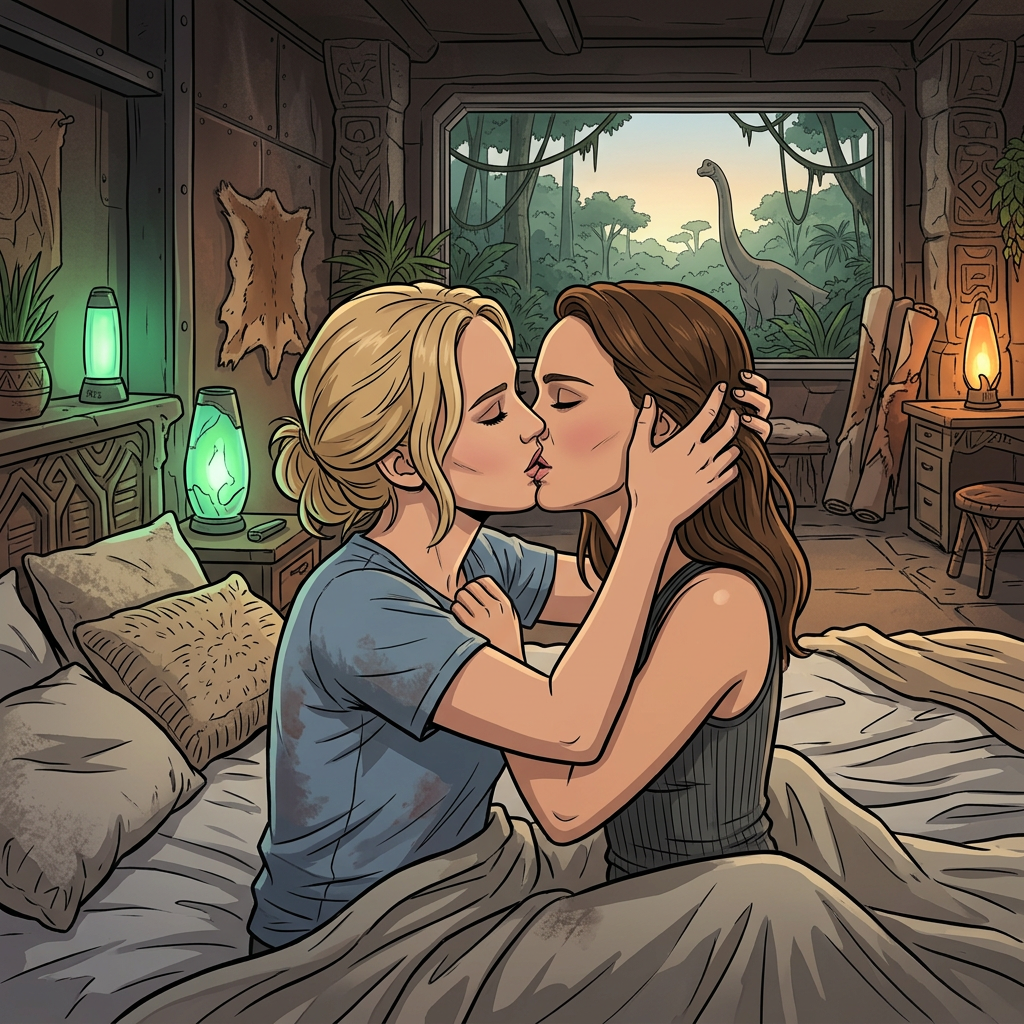 AI Design for Jennifer Lawrence and Natalie Portman lesbian french kissing each other in bed in Ark The Animated series