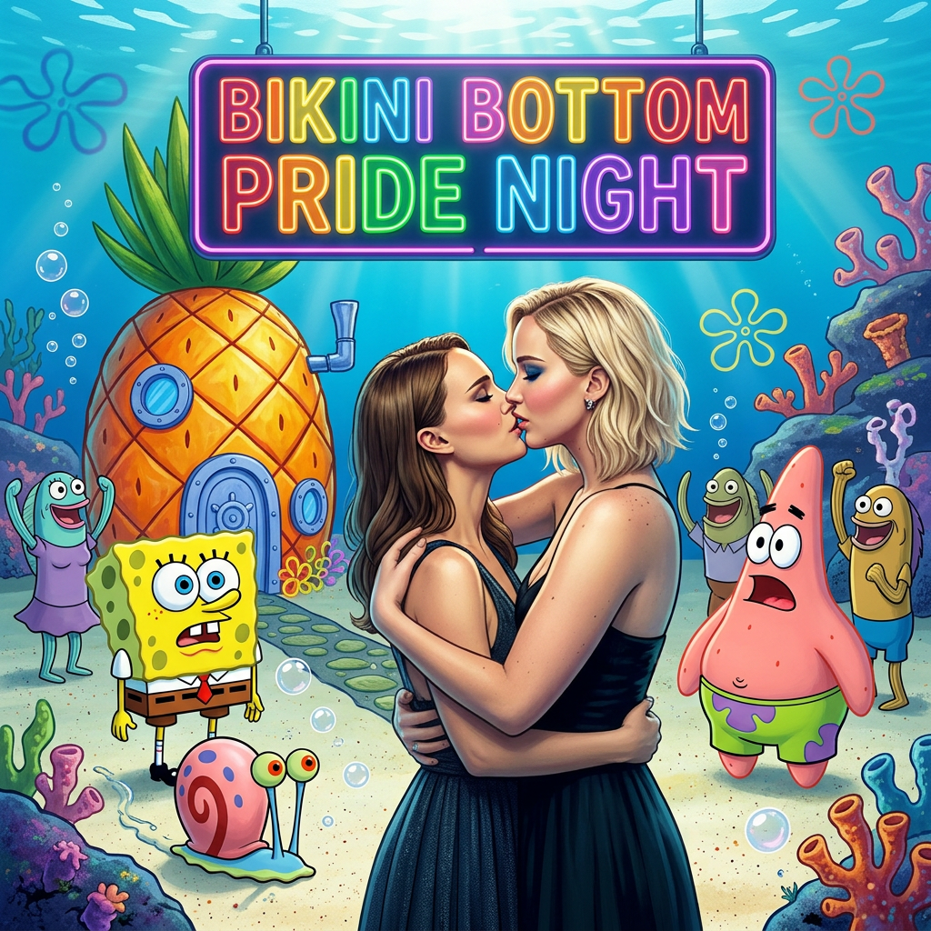 AI Design for Jennifer Lawrence and Natalie Portman lesbian kissing each other in SpongeBob SquarePants