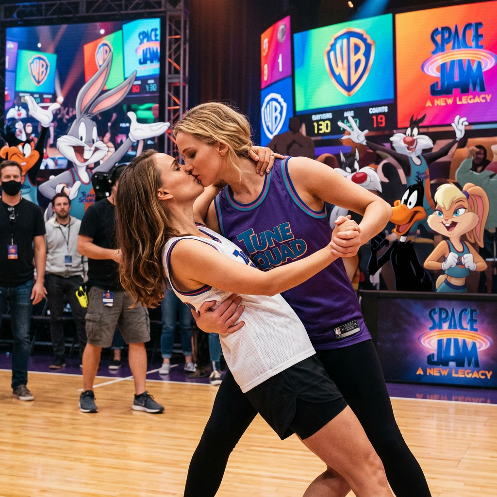 AI Design for Jennifer Lawrence and Natalie Portman lesbian kissing and tango each other in Space Jam: A New Legacy