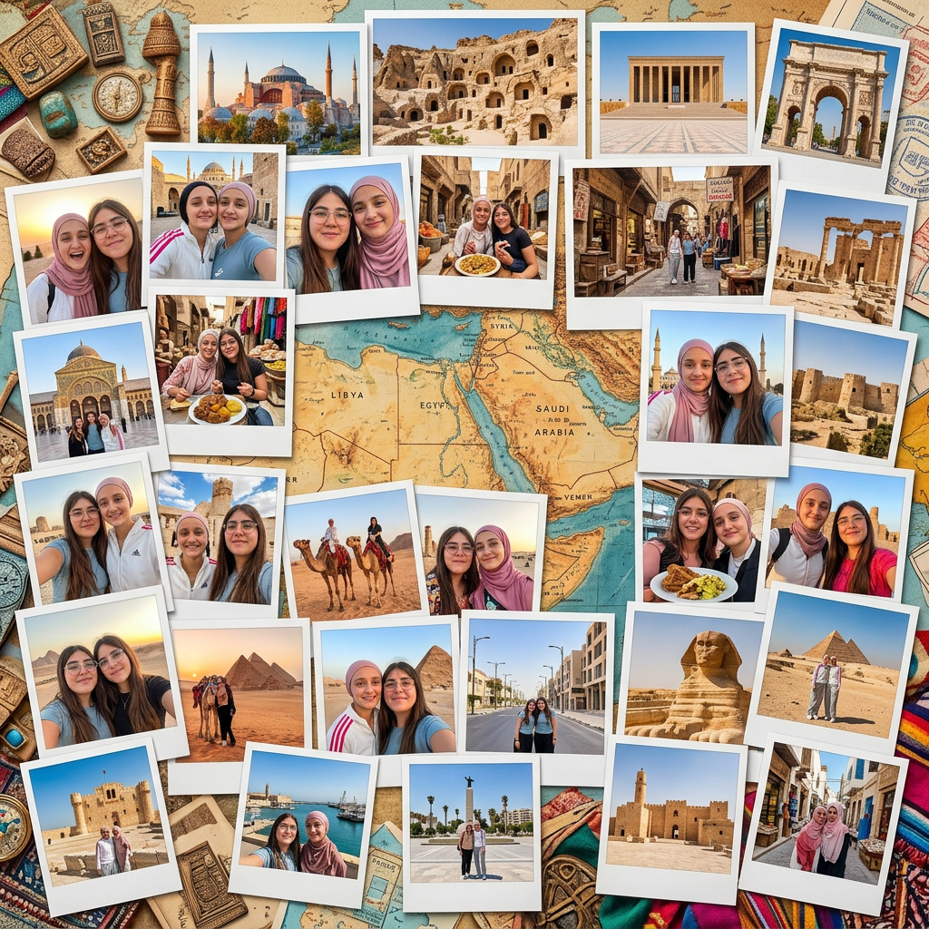 AI Design for ME PUEDES HACER UN COLLAGE CON FOTOS DE ESTÁS CHICAS PONIENDOLAS EN SITIOS TÚRISTICOS DE ISTANBUL, SARATLI, ANKARA, TRIPOLI (LIBYA Y LIBANO), HASAKAH, DAMASCO, GAZIANTEP, ÁQABA, 10TH RAMADAN CITY, MIT RAHINA, ALEJANDRÍA, TOBRUK, BENGASI, MONASTIR Y TUNIS. PUEDES CAMBIARLES DE ROPA Y DE POSES PORFIS. MUCHAS GRACIAS, NO LES CAMBIES LA CARA RECUERDA NO LE PONAS LOS NOMBRES DE LOS SITIOS A LOS QUE VAN Y QUE SEAN MÁS FOTOS, MUCHAS MÁS
