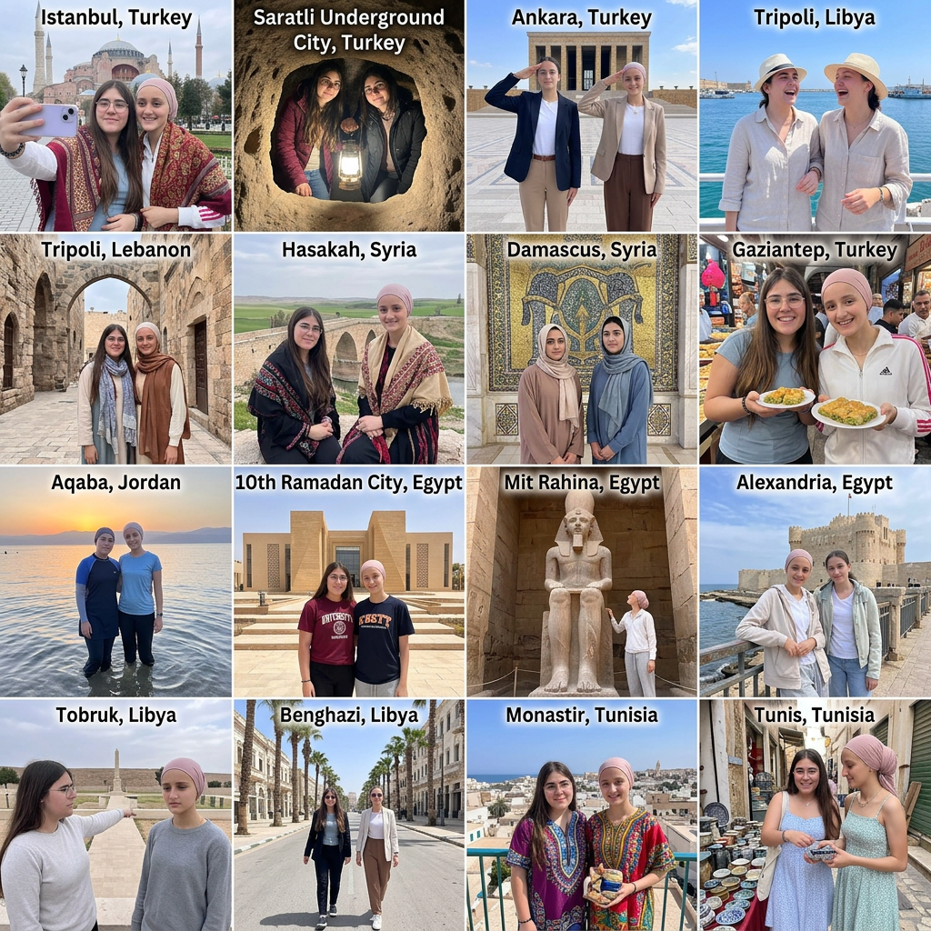 AI Design for ME PUEDES HACER UN COLLAGE CON FOTOS DE ESTÁS CHICAS PONIENDOLAS EN SITIOS TÚRISTICOS DE ISTANBUL, SARATLI, ANKARA, TRIPOLI (LIBYA Y LIBANO), HASAKAH, DAMASCO, GAZIANTEP, ÁQABA, 10TH RAMADAN CITY, MIT RAHINA, ALEJANDRÍA, TOBRUK, BENGASI, MONASTIR Y TUNIS. PUEDES CAMBIARLES DE ROPA Y DE POSES PORFIS. MUCHAS GRACIAS, NO LES CAMBIES LA CARA RECUERDA