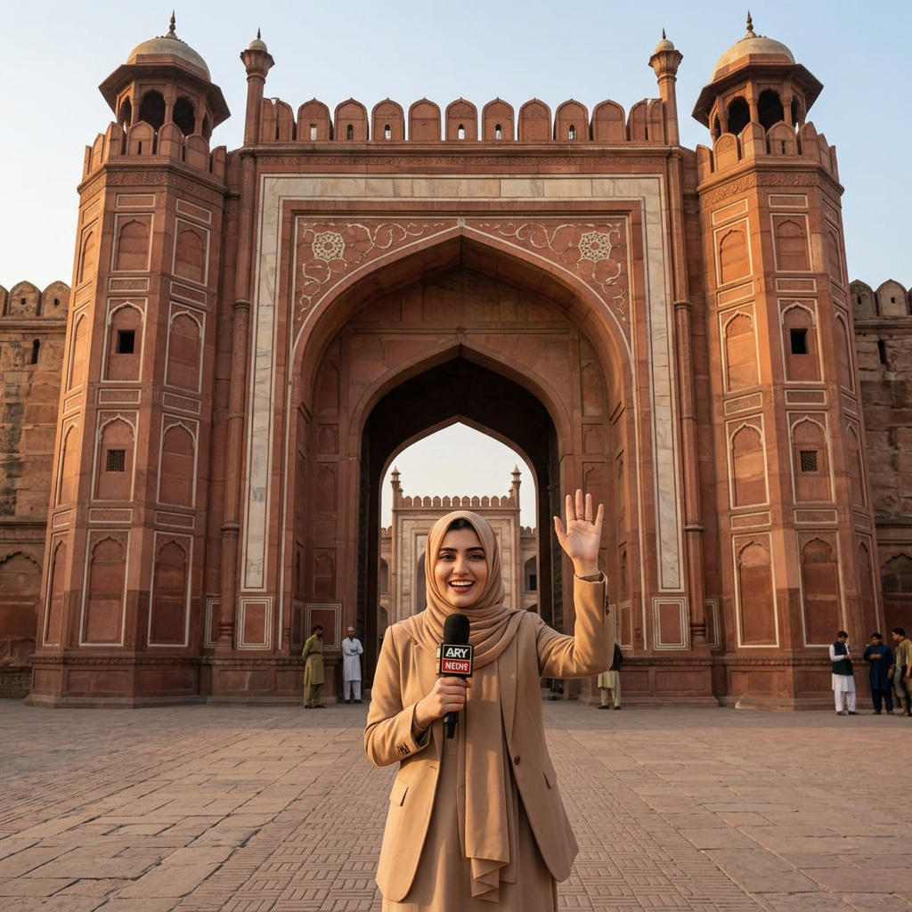 AI Design for A cinematic medium shot of the same beautiful young Pakistani girl in the same elegant Islamic hijab. She is standing right in front of the majestic and massive white Alamgiri Gate of Lahore Shahi Qila. She is waving her hand warmly towards the camera with a cheerful, friendly smile, delivering her closing lines into her news microphone. In the background, soft evening lights are starting to turn on around the historic fort architecture. Photorealistic, 8k resolution, strict character consistency, highly detailed clothing and historic textures, optimized for a slow video zoom-out conclusion.