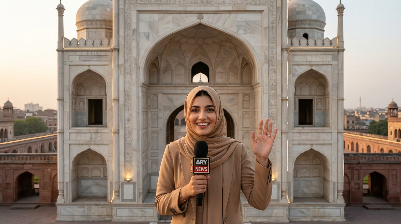 AI Design for A cinematic medium shot of the same beautiful young Pakistani girl in the same elegant Islamic hijab. She is standing right in front of the majestic and massive white Alamgiri Gate of Lahore Shahi Qila. She is waving her hand warmly towards the camera with a cheerful, friendly smile, delivering her closing lines into her news microphone. In the background, soft evening lights are starting to turn on around the historic fort architecture. Photorealistic, 8k resolution, strict character consistency, highly detailed clothing and historic textures, optimized for a slow video zoom-out conclusion.