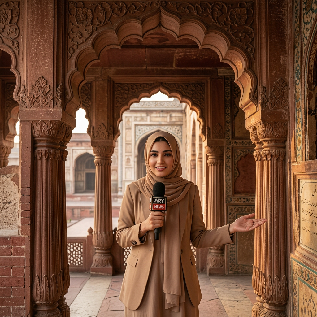 AI Design for A cinematic medium-wide shot of the same beautiful young Pakistani girl in the same elegant Islamic hijab. She is standing gracefully between the historic red sandstone pillars of Deewan-e-Aam inside Lahore Shahi Qila. She is holding her professional news microphone, looking confidently at the camera as if sharing a fascinating historical secret. Warm sunlight creates beautiful shadows through the arches. Photorealistic, 8k resolution, strict character consistency, highly detailed architectural textures, optimized for a slow video camera panning shot.