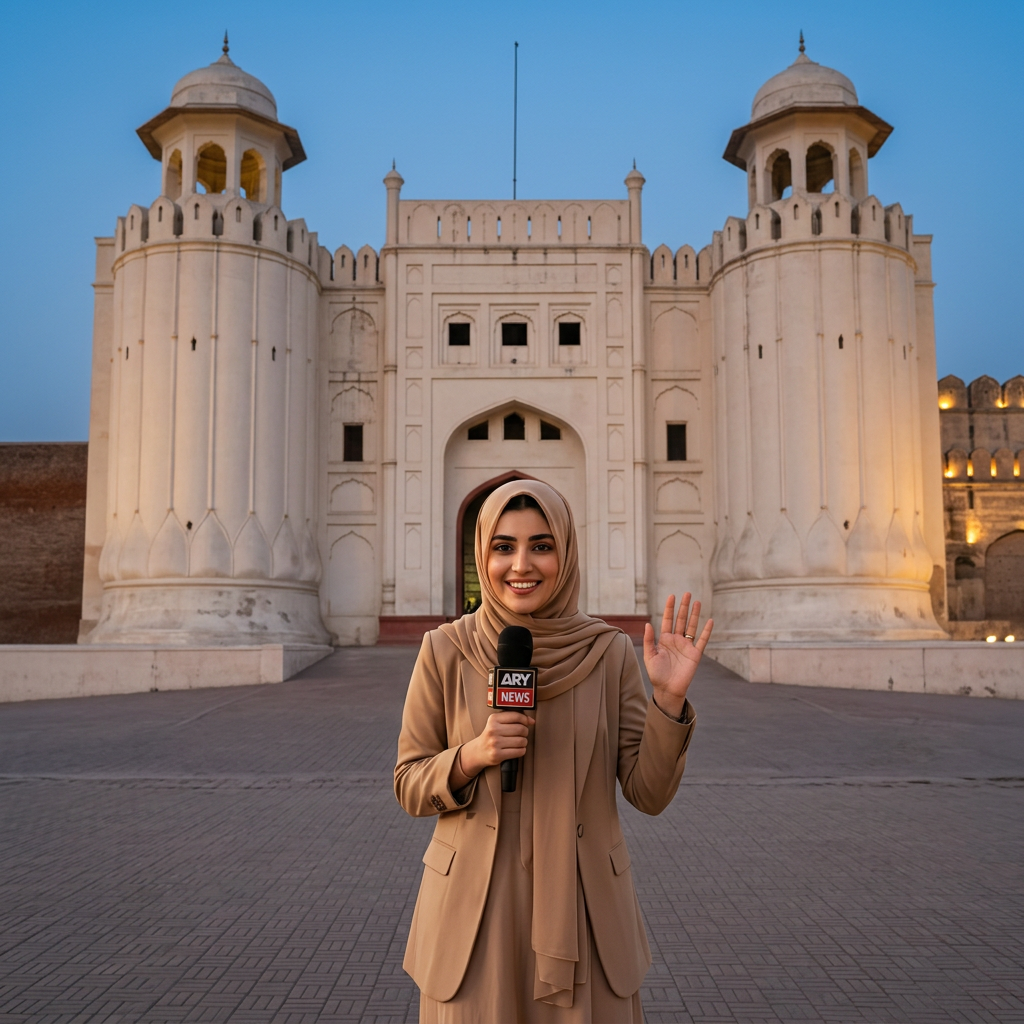 AI Design for A 16 by 9 cinematic medium shot of the same beautiful young Pakistani girl in the same elegant Islamic hijab. She is standing right in front of the majestic and massive white Alamgiri Gate of Lahore Shahi Qila. She is waving her hand warmly towards the camera with a cheerful, friendly smile, delivering her closing lines into her news microphone. In the background, soft evening lights are starting to turn on around the historic fort architecture. Photorealistic, 8k resolution, strict character consistency, highly detailed clothing and historic textures, optimized for a slow video zoom-out conclusion.