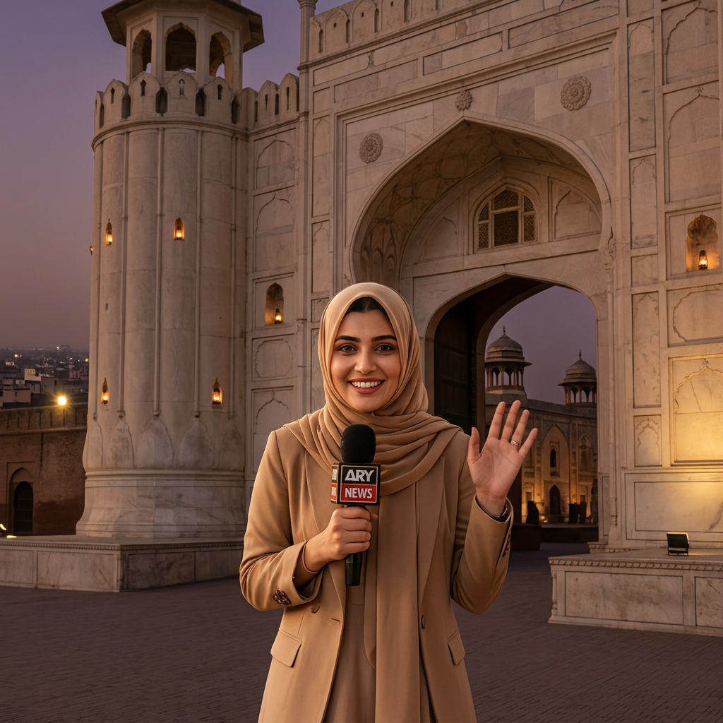 AI Design for A cinematic medium shot of the same beautiful young Pakistani girl in the same elegant Islamic hijab. She is standing right in front of the majestic and massive white Alamgiri Gate of Lahore Shahi Qila. She is waving her hand warmly towards the camera with a cheerful, friendly smile, delivering her closing lines into her news microphone. In the background, soft evening lights are starting to turn on around the historic fort architecture. Photorealistic, 8k resolution, strict character consistency, highly detailed clothing and historic textures, optimized for a slow video zoom-out conclusion.