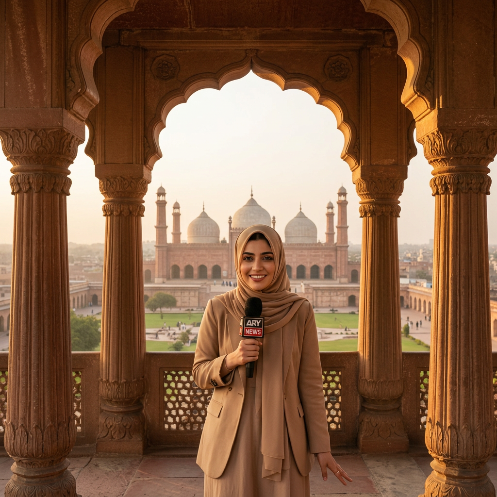 AI Design for A cinematic medium-wide shot of the same beautiful young Pakistani girl in the same elegant Islamic hijab. She is standing gracefully between the historic red sandstone pillars of Deewan-e-Aam inside Lahore Shahi Qila. She is holding her professional news microphone, looking confidently at the camera as if sharing a fascinating historical secret. Warm sunlight creates beautiful shadows through the arches. Photorealistic, 8k resolution, strict character consistency, highly detailed architectural textures, optimized for a slow video camera panning shot.