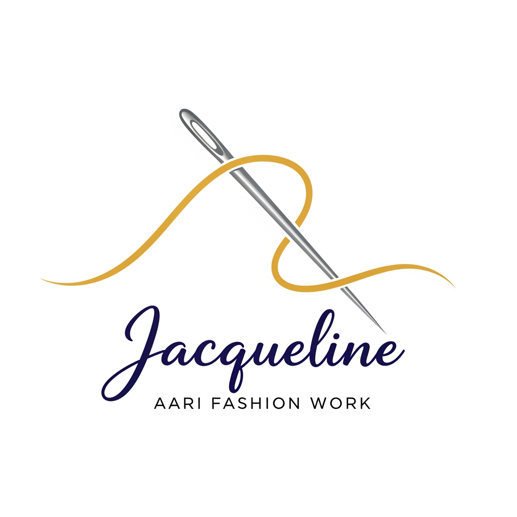 AI Design for a needle with thread logo for the company name Jacqueline ... tag name is aari fashion work