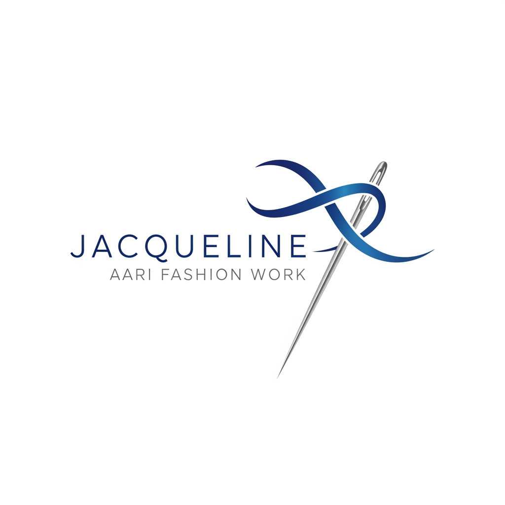 AI Design for a needle with thread logo for the company name Jacqueline ... tag name is aari fashion work