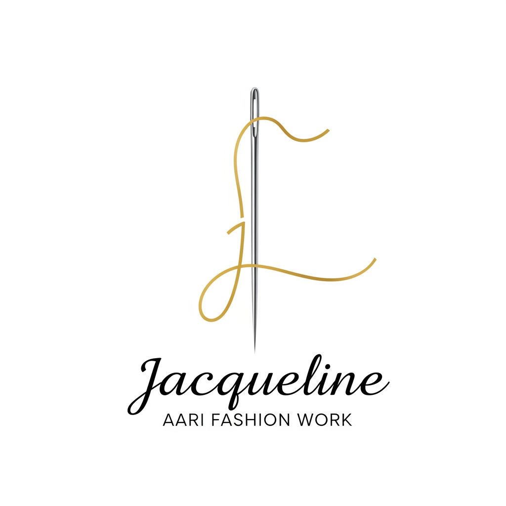 AI Design for a needle with thread logo for the company name Jacqueline ... tag name is aari fashion work