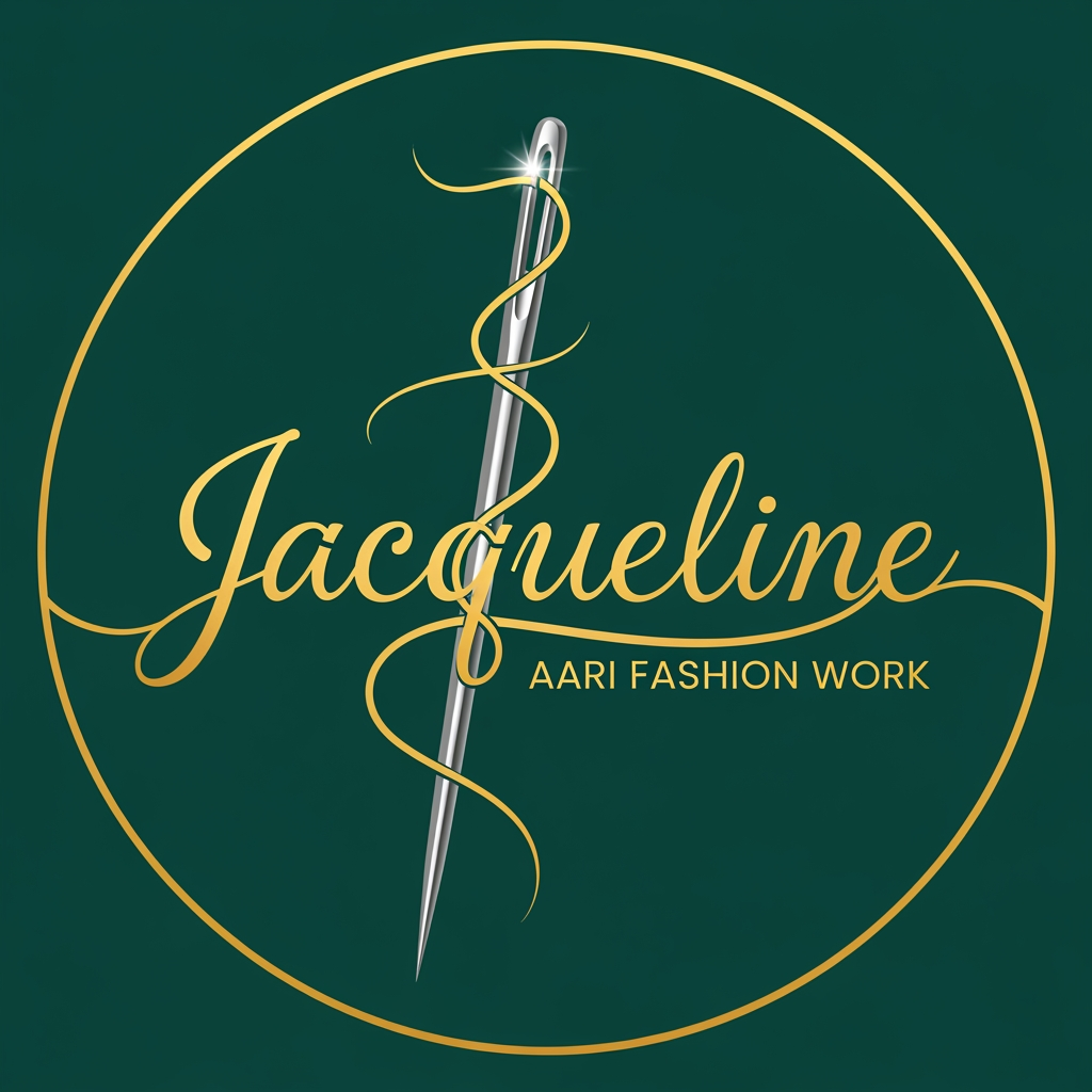 AI Design for a needle with thread logo for the company name Jacqueline ... tag name is aari fashion work