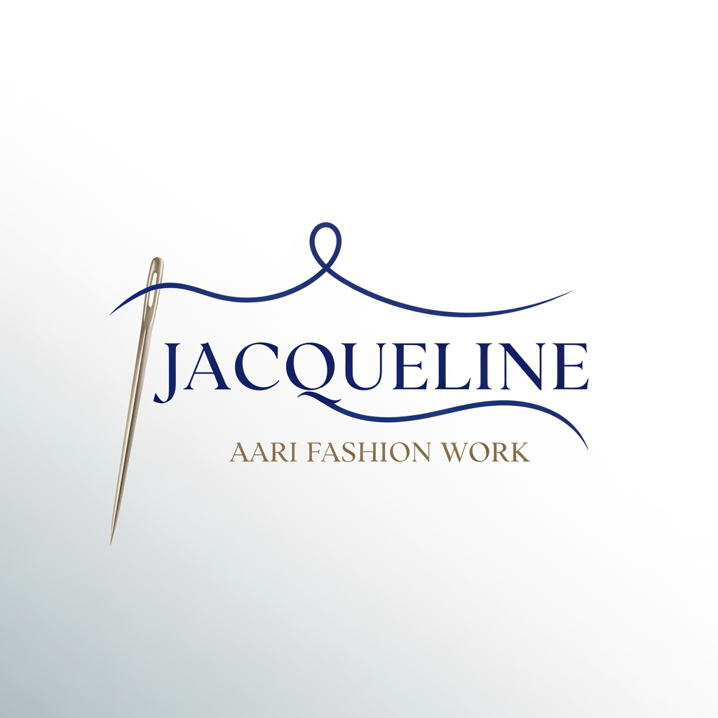 AI Design for a needle with thread logo for the company name Jacqueline ... tag name is aari fashion work