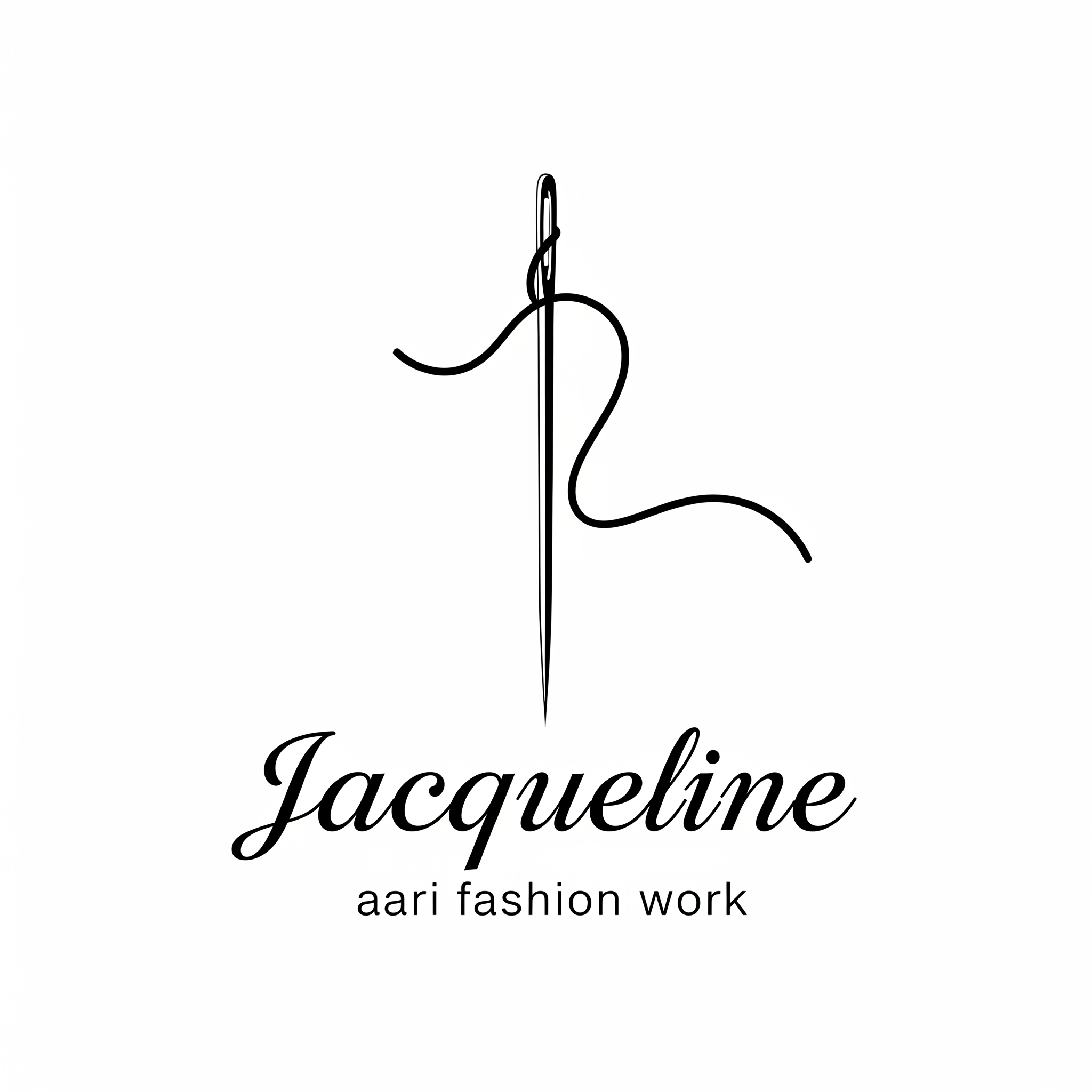 AI Design for a needle with thread logo for the company name Jacqueline ... tag name is aari fashion work...