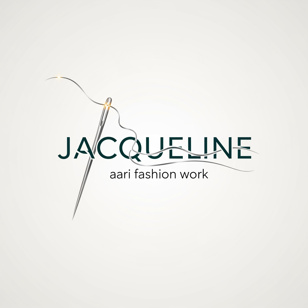 AI Design for a needle with thread logo for the company name Jacqueline ... tag name is aari fashion work